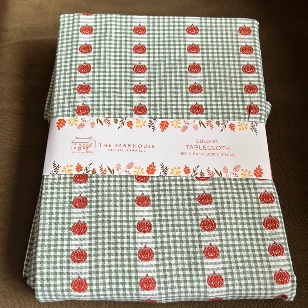 Farmhouse Rachel Ashwell Tablecloth Plaid Fall Pumpkins Green Orange 60”x102”